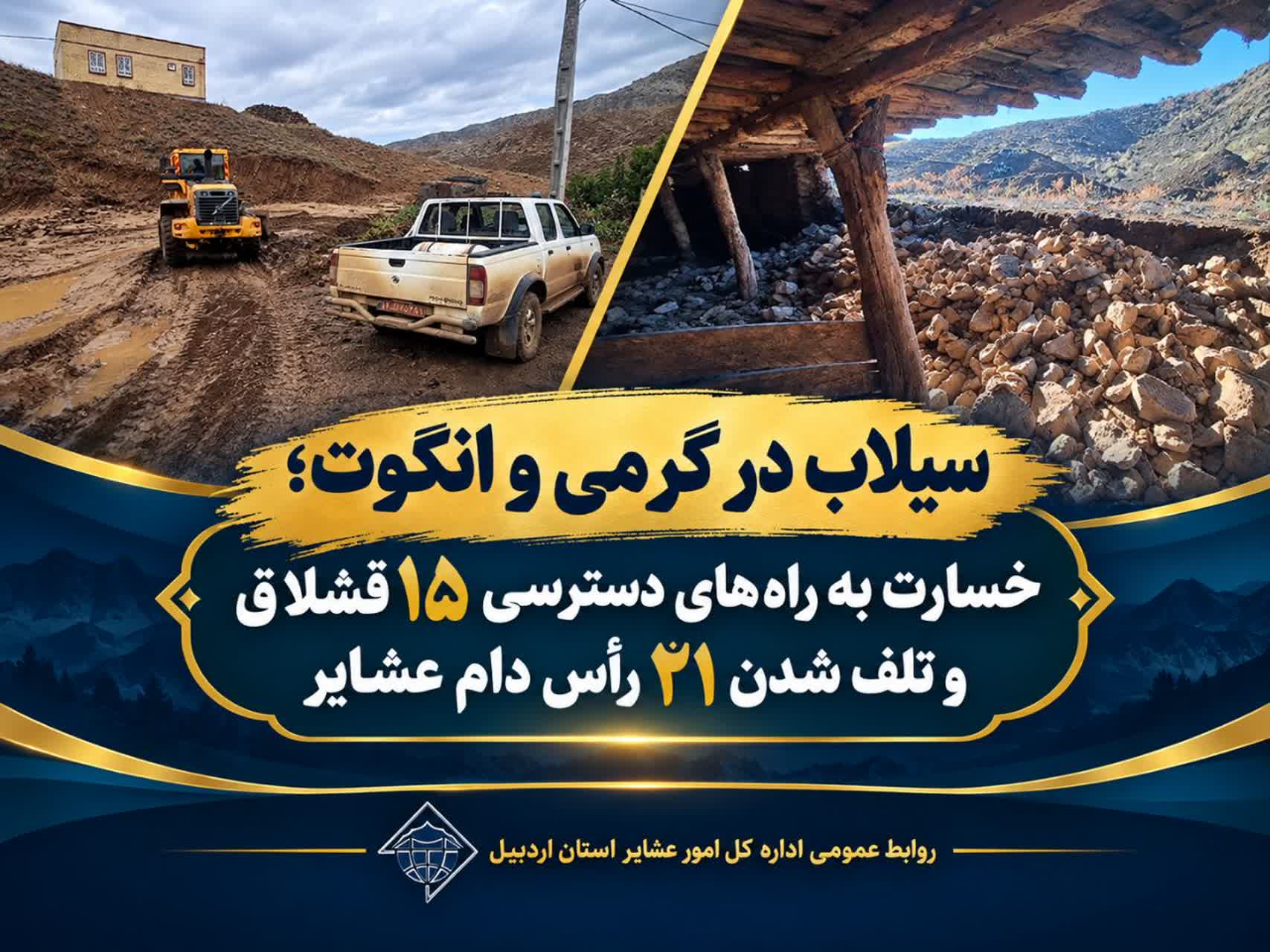 سیلاب در گرمی و انگوت؛ خسارت به راه‌های دسترسی ۱۵ قشلاق و تلف شدن ۲۱ رأس دام عشایر